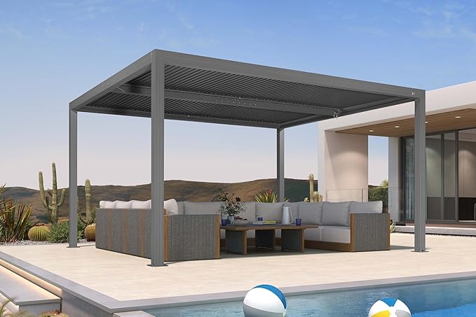 PURPLE LEAF Louvered Pergola 12' x 14' Outdoor Full Aluminum Pergola with Adjustable Rainproof Roof Modern Retractable Patio Hardtop Gazebo for Deck Backyard Garden Slate Grey