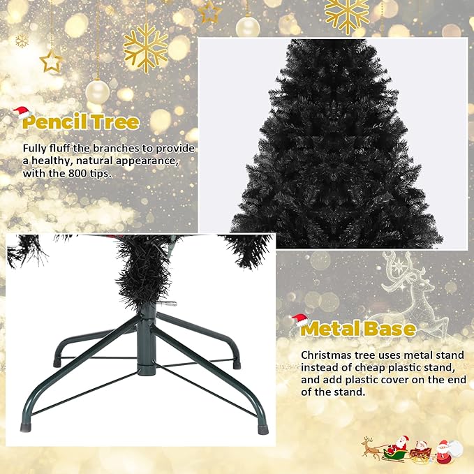 6FT Unlit Halloween Black Artificial Christmas Tree for Holiday Decoration, Premium Hinged Spruce Xmas Tree with 800 Branch Tips and Foldable Metal Stand for Home, Office, Party