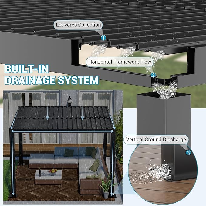 LVUYOYO Outdoor Louvered Pergola 10' x 10', Aluminum Pergola with Adjustable Roof, Waterproof Metal Gazebo for Patio, Backyard, Garden, Deck (Black)