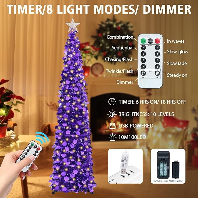 HMASYO 6 FT Pop Up Christmas Tree with 100 LED Lights & Remote, Purple Christmas Tinsel Tree, Collapsible Artificial Pencil Tree for Home Office Party Decor, USB Powered Timer Lights, Easy Assembly