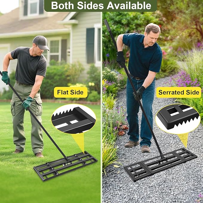 Lawn Leveling Rake-32"x10" Heavy Duty Leveler Reinforced Landscape Tool, Steel Lawn Rake with Serrated Edge & Smooth Plate for Level Soil Compost Sand Grass Dirt Yard Garden 6.5FT Adjustable Handle