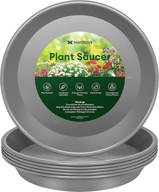 6 Pack Plant Saucer, 8 10 12 inch Plant Saucers for Indoor, Heavy Duty Plastic Plant Trays for pots, Grow Bags, Bird Baths, Flower Drip Trays for Indoor and Outdoor Uses (8", Gray)