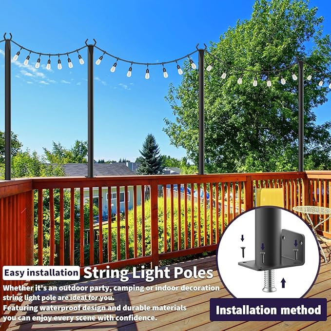 10 Pack String Light Poles for Deck,5 Ft String Light Poles for Outside with Fixing Clips,Metal Poles for Outdoor String Lights, Hanging Light Poles for Fence Garden Backyard Wall Bistro