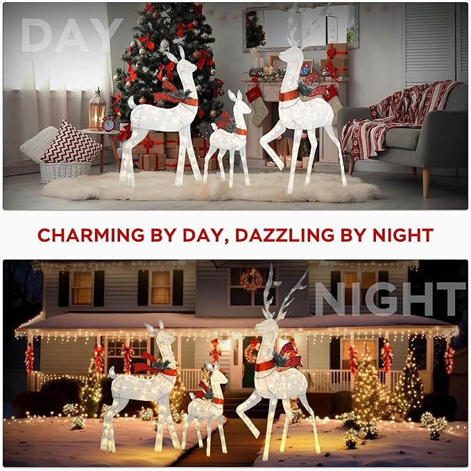 Outdoor Lighted Deer Family Decor 3-Piece Set, 5ft Large Reindeer Christmas Holiday Lights with 210 Warm White LEDs, 3D Design, Cotton Twine & Iron, Perfect for Lawn, Yard, Garden, Party