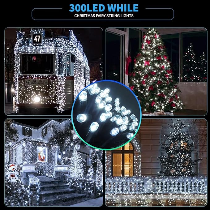 105FT 300LEDs Christmas Lights Outdoor Indoor String Lights 8 Modes Memory Function for Christmas Tree Party Decoration, UL Listed (4 Sets CONNECTABLE) White