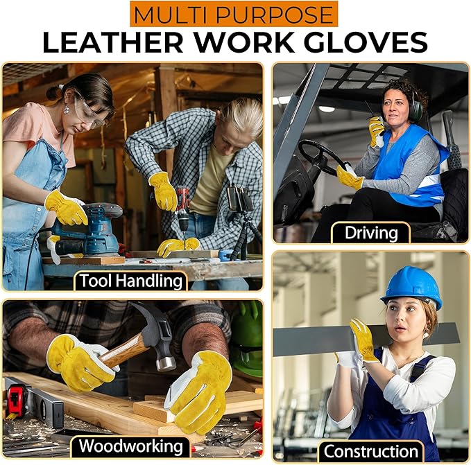 HANDLANDY Men Leather Gardening Gloves, Utility Work Gloves for Mechanics, Construction, Driver