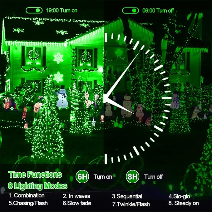 XURISEN Christmas Lights Outdoor 197FT 500 LED Green Wire String Lights 8 Modes with Timer Memory Waterproof Fairy Light Plug in for Xmas Tree Wedding Yard Party Holiday Decorations(Green)