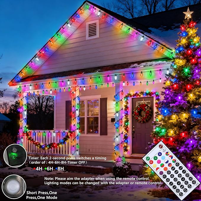 Joomer Christmas String Lights, 129FT 198 LED C9 Color Changing RGB Xmas Tree Lights Remote Control Outdoor Waterproof for Christmas Decor (Non-Connectable)