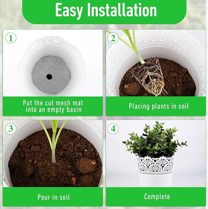 100pcs Flower Pot Hole Mesh Pad, 2 Inch Bonsai Mesh, Prevent Soil Loss, Meshes for Plant Pots, Bonsai Bottom Plant Drainage Insert for Garden Outdoor Potted Plants, Black