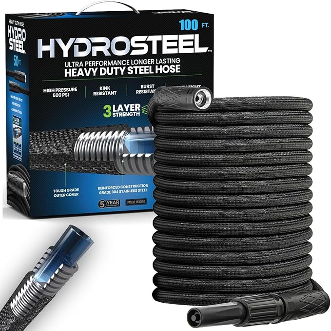 HYDROSTEEL 100 Ft Metal Garden Hose with Sprayer Nozzle, Indestructible 3-Layer Stainless Steel Heavy Duty Water Hose 100 Ft x 5/8 in. Kink Free Design Will Not Kink, Flexible, NON Expandable, 500 PSI