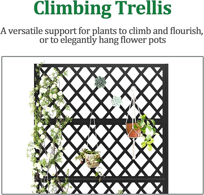 Metal Raised Garden Bed with Trellis and Wheels, 2 in 1 Trellis with Planter Box & Privacy Screen for Climbing Plants, Outdoor Standing Flower Beds with Drainage Holes, 47.2''L×15.7''W×70.9''H, Black