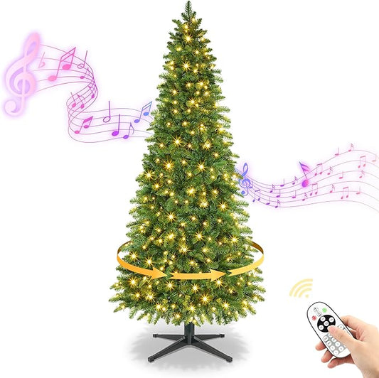 Pencil Christmas Tree with Rotating Metal Stand, Green Slim Pre-Lit Artificial Tree 7.5FT with Music Function, 370 Warm & Multi-Color LED Lights with 8 Lighting Modes
