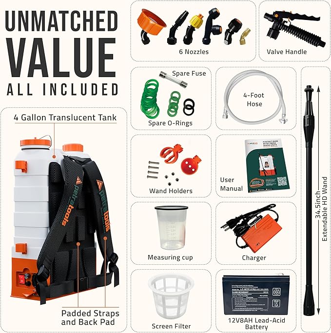 PetraTools Battery Powered Backpack Sprayer 4 Gallon - 6 Hours Long Battery Life & Padded Straps for Comfort - HD4000 Electric Backpack Garden Sprayer with 6 Spray Nozzles & 90PSI Adjustable Pressure