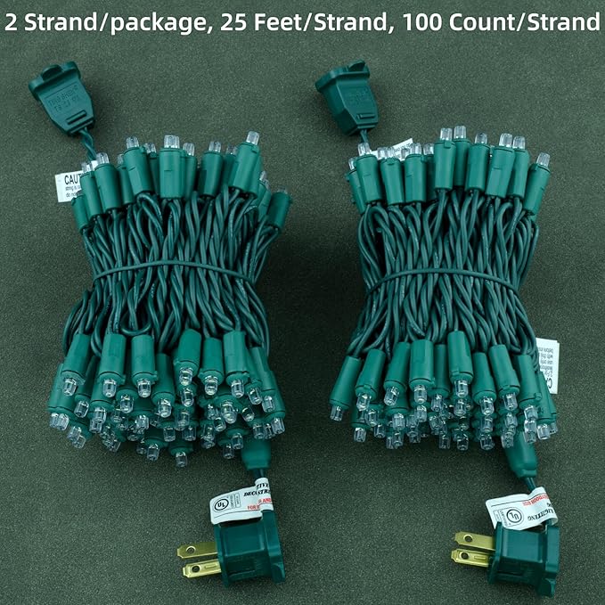 YULETIME Cool White Wide Angle LED Christmas Lights 200 Count 50 ft, Pack of 2 Strands 25 ft 100 Lights UL Certified Commercial Grade String Light Set (Cool White)