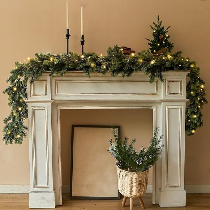 PARTY JOY 6FT Christmas Garland with LED String Lights, Artificial Pine Cypress Garland, Christmas Decorations Table Mantle Background Wall Room Winter Garland Outdoor Indoor Christmas Decor