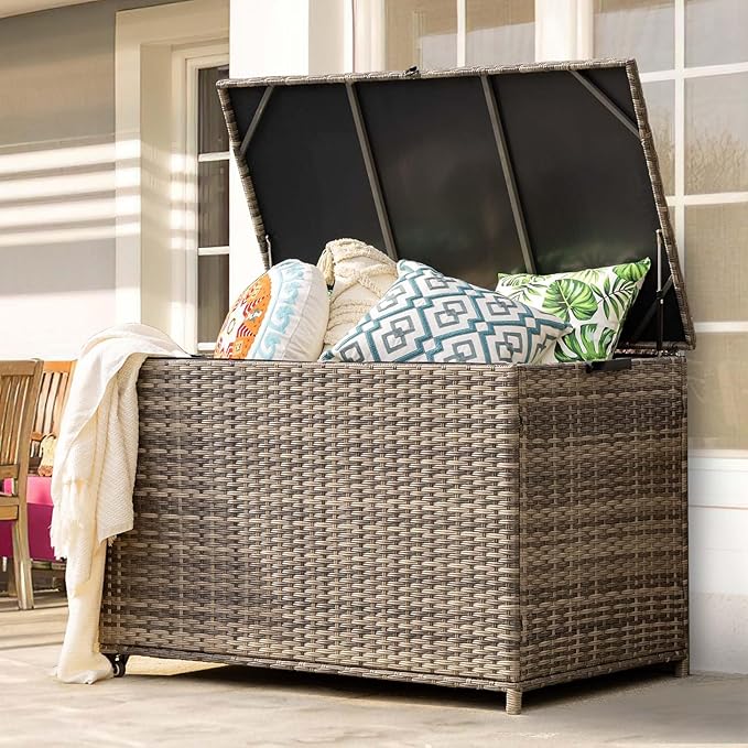 MEISSALIVVE 178 Gallon Outdoor Storage Box, Patio Deck Box with 2 Wheels, Handle Large Portable Wicker Rattan Deck Box for Patio Furniture Cushions, Throw Pillows, Garden Tools and Pool Floats (Gray)