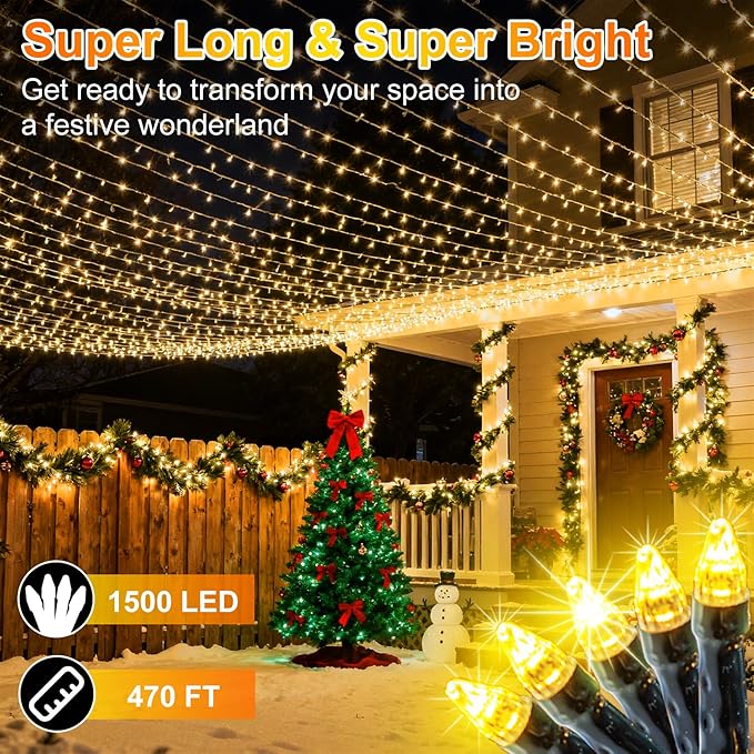 1500 LED 470FT Christmas String Lights Outdoor, 12 Modes and Timer Memory Dimmable, Plug in Waterproof Dark Green Wire Twinkle Light for for Xmas Yard Tree Wedding Party Halloween Decor (Warm White)
