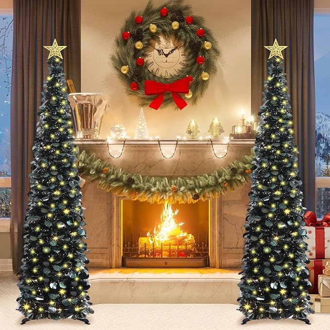 HMASYO 6 FT Pop Up Christmas Tree with 100 LED Lights & Remote, Black Christmas Tinsel Tree, Collapsible Artificial Pencil Tree for Home Office Party Decor, USB Powered Timer Lights, Easy Assembly