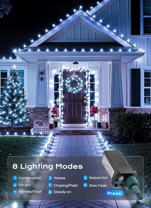 C9 LED Christmas Lights Outdoor, 33 FT 50 LED C9 String Lights, 8 Modes & Timer Connectable Waterproof for Christmas Tree Light Indoor Outdoor Roofline Patio Outside Garden Yard Xmas Decoration, White