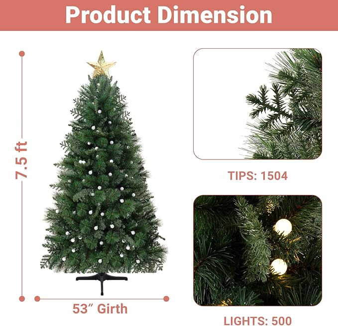 Evangeline 7.5ft Rotating Christmas Tree with Star Projector, 1504 Branch Tips, 500 Warm Lights and Rotating Base, 53" Wide Realistic Traditional Christmas Tree with Lights by Naomi Home