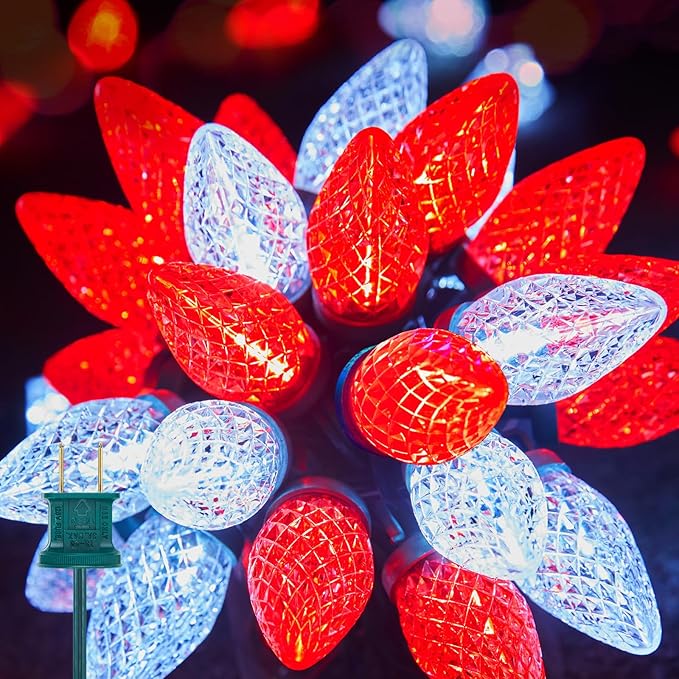 Brightown Red and White C9 LED Christmas String Lights, 33ft 50 LED Waterproof Strawberry String Lights, Plug-in Extendable Green Wire Lights String for Outdoor Indoor Patio Party Decoration