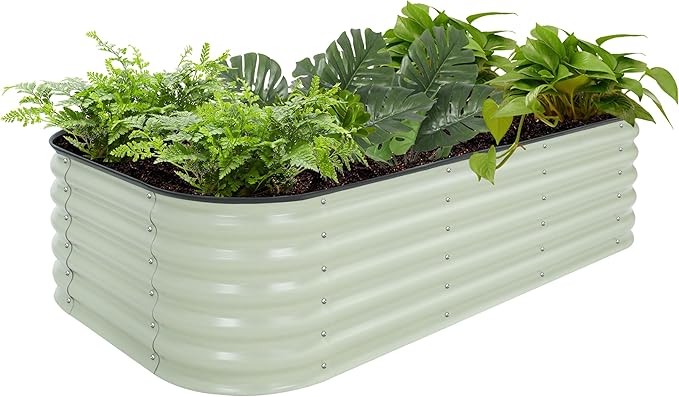 MUPATER 8ftx2ftx1.4ft Raised Garden Bed Outdoor for Vegetables, 9-in-1 Galvanized Metal Planter Box, 17''H Modular Garden Bed Kit Oval for Herbs and Flowers, Pearl White