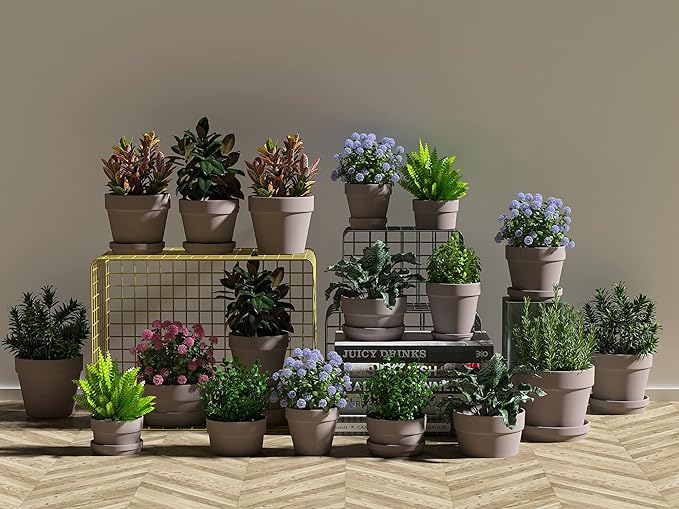 Fcacti 4 Inches Small Grey Terracotta Pots with Saucer, 6 Pack 4" Terra Cotta Planter with Drainage Holes, Small Clay Flower Pots for Plants, Succulents, Crafts, Wedding Favor