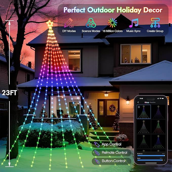 Outdoor Halloween Decorations 23FT RGB Color Changing Hanging Waterfall String Lights with Star, APP Remote Control, DIY Multi-Color Lightshow, Music Sync, Xmas Halloween Decor