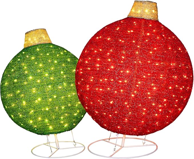 Hykolity 2 Pack 30" & 24" Pop-Up Iron Christmas Ornament Set, 350 Warm White LEDs with UL Transformer, 8 Light Functions & 18H Timer, Red & Green