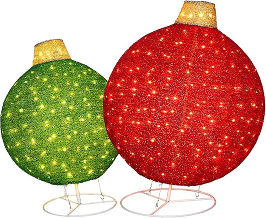 Hykolity 2 Pack 30" & 24" Pop-Up Iron Christmas Ornament Set, 350 Warm White LEDs with UL Transformer, 8 Light Functions & 18H Timer, Red & Green