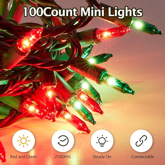 Red and Green Christmas Lights 100 Count Incandescent Light UL Certified Connectable Christmas Tree Lights with Green Wires for Indoor Outdoor Xmas, Wedding, Holiday, Party, Home Decorations