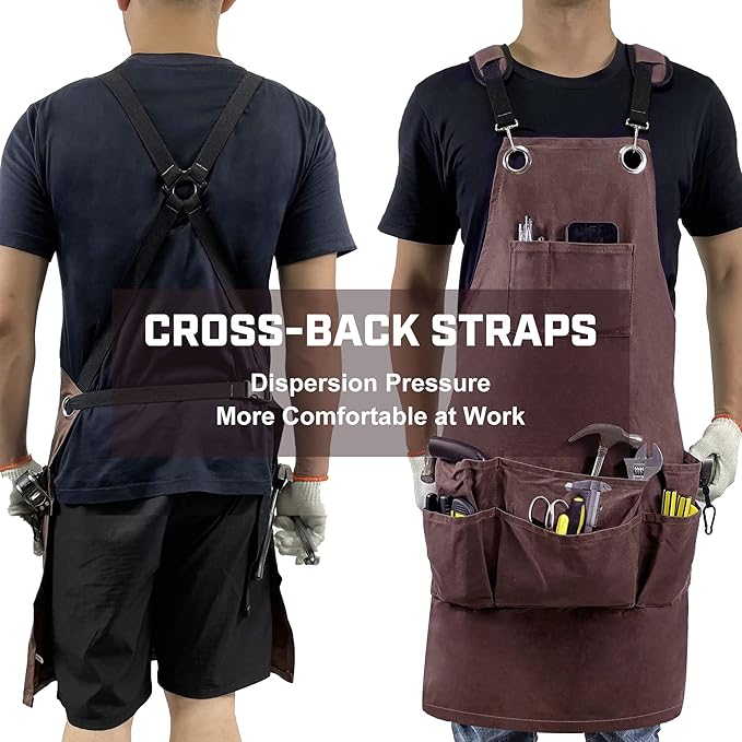 Woodworking Tool Apron, 22 OZ Waxed Canvas Durable Heavy Duty Work Shop Apron, Adjustable to Size S to XXL