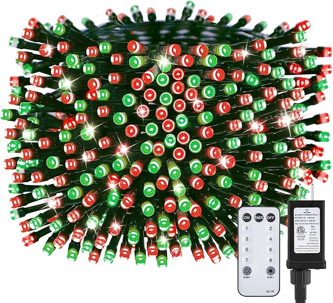 Minetom 1000 LED Christmas Tree Lights, 328 FT Green Wire LED Decorative Fairy Lights with Remote & 8 Modes, Waterproof for Outdoor Xmas Holiday Party Garden Wedding Home Decor, Red ＆ Green