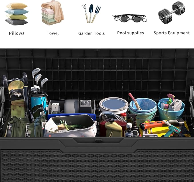 YITAHOME 80 Gallon Outdoor Storage Box, Large Water Resistant Resin Deck Box, Indoor Outdoor Lockable Rattan Storage Container for Patio, Garden, Cushions, Tools, Equipment (Black)