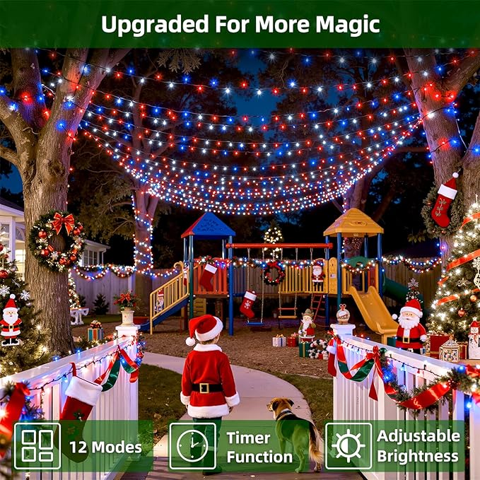 750 LED Chrstmas Lights, 240ft Outdoor Christmas String Lights with 12 Modes, Red White and Blue LED String Lights with Timer Dimmable Waterproof for Tree Fence Garden Xmas Wedding Party Decor