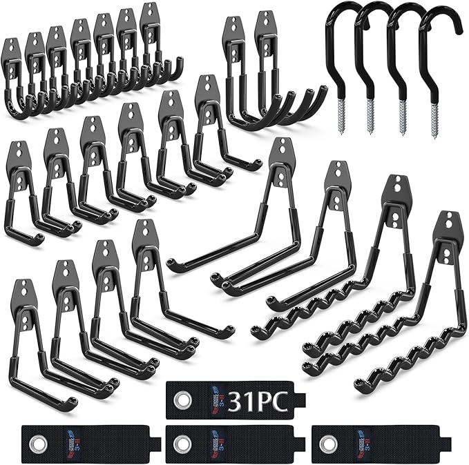 3-H Garage Wall Hooks 31 Pack, Garage Hooks Heavy Duty with Extra Welding Spots, Garage Organizer for Garden, Lawn, Yard Tools, Chairs, Ladders, Weed Eater, Shovel, Blower(Black)