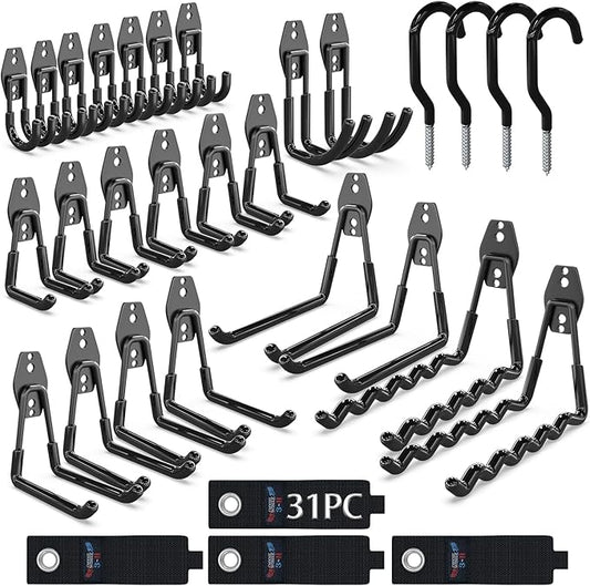 3-H Garage Wall Hooks 31 Pack, Garage Hooks Heavy Duty with Extra Welding Spots, Garage Organizer for Garden, Lawn, Yard Tools, Chairs, Ladders, Weed Eater, Shovel, Blower(Black)