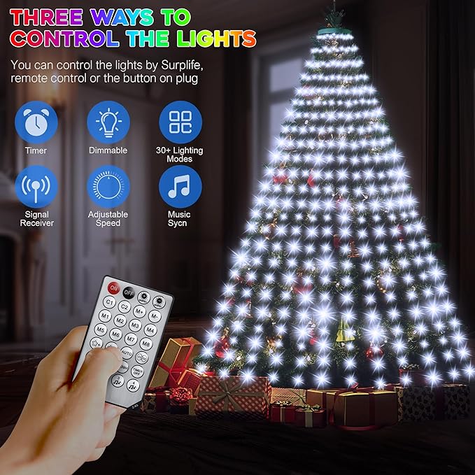 30+ Modes Ring Christmas Tree Lights Indoor Outdoor - 7.5Ft x 12 Lines 336 LED Easy App Control Color Changing Timer Remote Waterproof for 6 7 Ft Xmas Trees (Cool White to Multicolor)