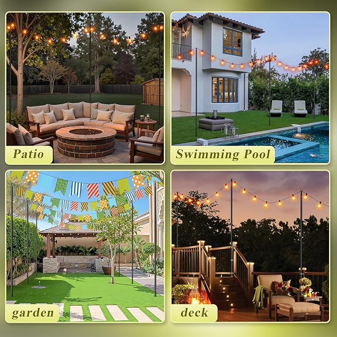 2 Pack String Light Poles for Outside, 10Ft Adjustable Outdoor Light Poles for String Lights, Outdoor Lighting Stand with Fork for Patio, Deck, Backyard, Garden, Party & Wedding