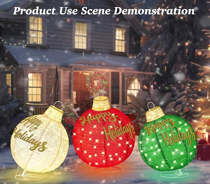 3Pcs 3FT Lighted Christmas Ornament Set Expandable Outdoor, Indoor Holiday Decor with 290 LED Lights, Easy Assembly & Weatherproof, Red & Green & Gold Light-Up Ball for Yard, Garden, Storefront.