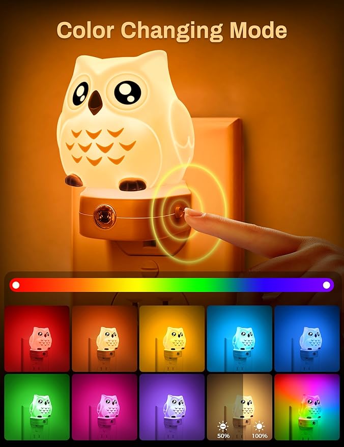Owl Night Lights Plug Into Wall [2 Pack], Cute Night Light for Kids, 8-Color LED Night Light, Nightlight with Dusk to Dawn Sensor for Kids Room, Bathroom, Bedroom Décor, Children Gift
