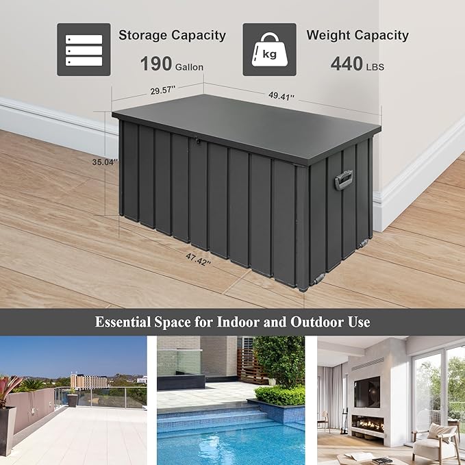 Domi Deck Box 190 Gallon, Waterproof Lockable Steel Outdoor Storage Container for Outside Cushions, Garden Tools and Pools Equipment, Gray