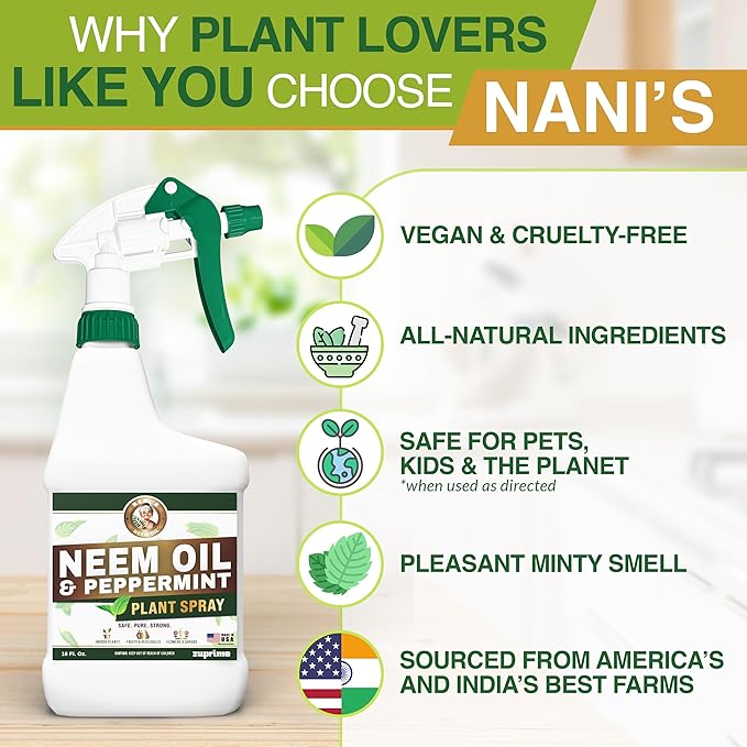 Nani’s Neem and Peppermint Oil Spray 16 Fl.oz. (Made in USA) – 100% Cold-Pressed Organic Neem Oil Spray for Plants – Natural Leaf Shine & Care – Ready to Use for Indoor Plants & Outdoor Gardens