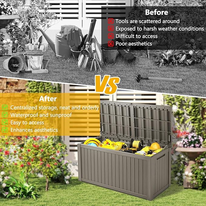 200 Gallon Deck Box, Resin Outdoor Indoor Waterproof Storage Box, Lockable Storage Box With Handle for Patio Furniture - Garden Tools - Swimming Pool Tools UV-Resistant, Brown