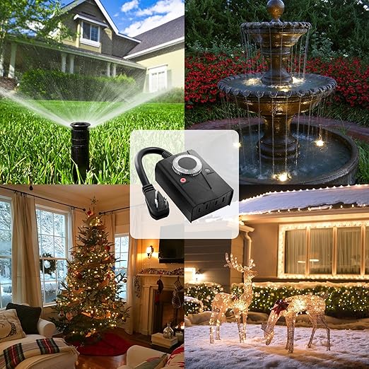 Brightown Outdoor Light Sensor Timer Waterproof, Mechanical Plug in Timer Switch, Outdoor Light Timers for Electrical Outlets, 2 Grounded Electrical Outlets for Christmas String Lights, Lighting Decor