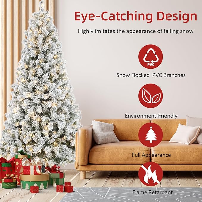 7ft Flocked Christmas Tree Prelit, Frosted Artificial Christmastree with 350 Warm White Lights, 1105 Snowy Branch Tips - Ideal for Home, Office, Party, or Holiday Decor
