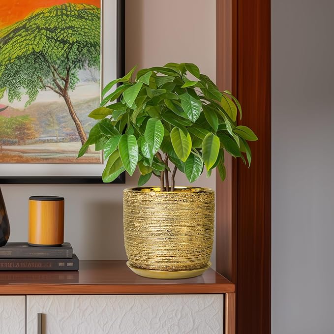 8 Inch Plant Pot - Ceramic Planter with Drainage Hole and Saucer, Modern Round Planter for Indoor Flowers, Gifts for Plant Lovers, Home House Office Room Decor, Gold