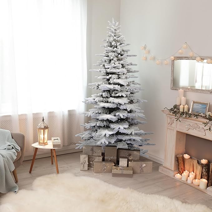 Fraser Hill Farm 7.5-ft. Pine Valley Flocked Christmas Tree, Huge Fake Christmas Tree with No Lights, Unlit Snowy Artificial Christmas Tree, Festive Indoor Holiday Decoration