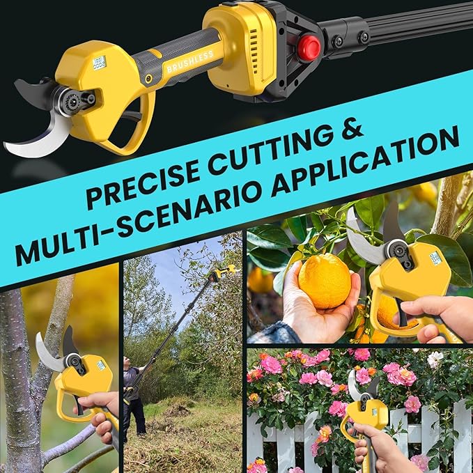 2-in-1 Pole Pruning Shears, 2" Cutting Diameter Cordless Electric Pole Pruners - Brushless Motor, 4.0Ah(2.0Ah*2) Batteries, Extra SK7 Blade, Adjustable Branches Cutter for Tree & Flower