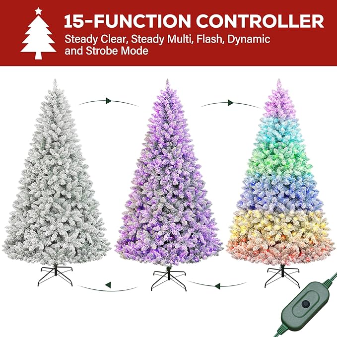 Hykolity 7.5 ft Prelit Snow Flocked Christmas Tree with Remote Control, 1446 PVC Branch Tips, Artificial Hinged Christmas Tree with 450 Multi-Color RGB Lights for Home, 15 Modes